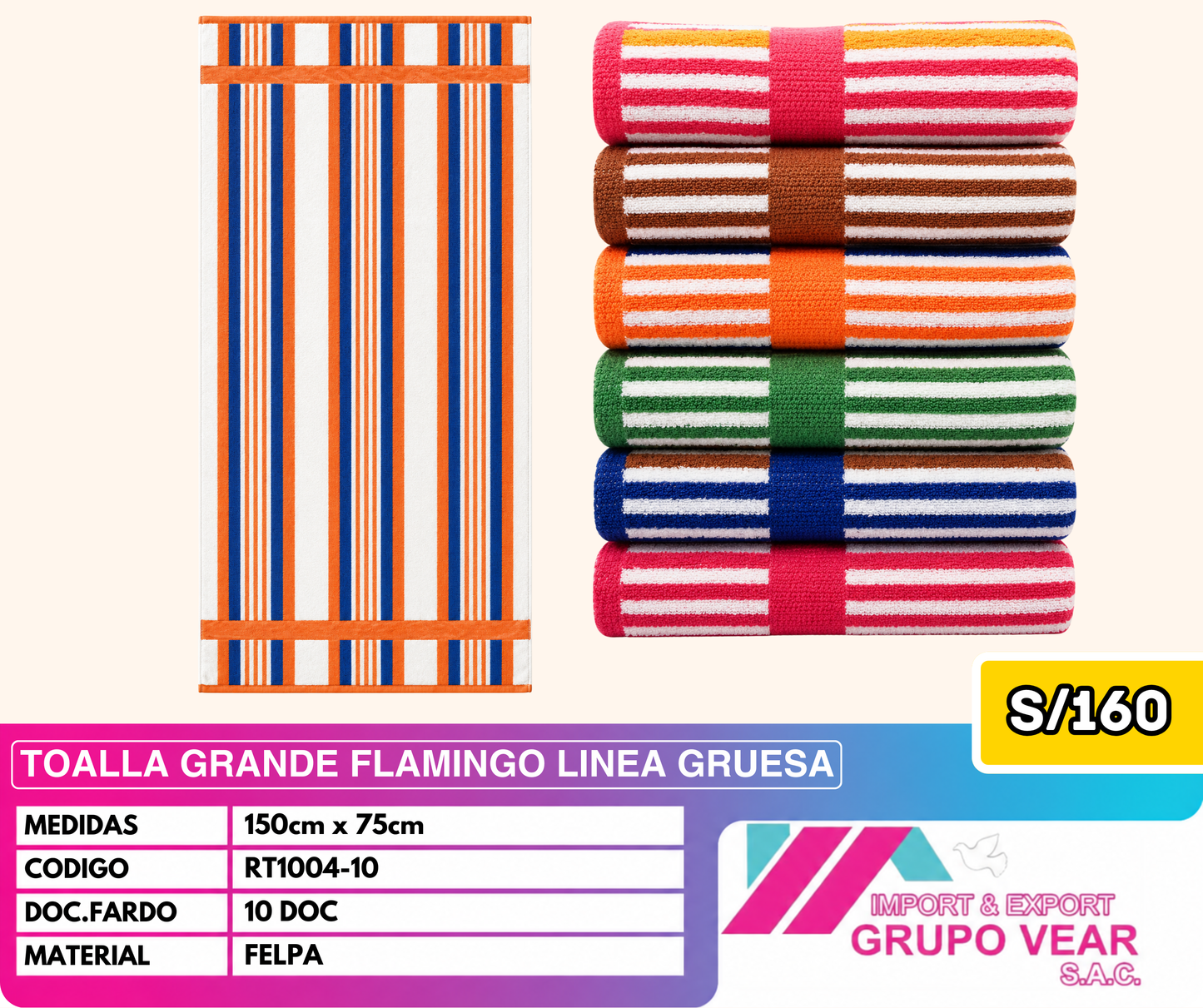 TOALLA GRANDE FLAMINGO LINEA GRUESA (10 DOC)