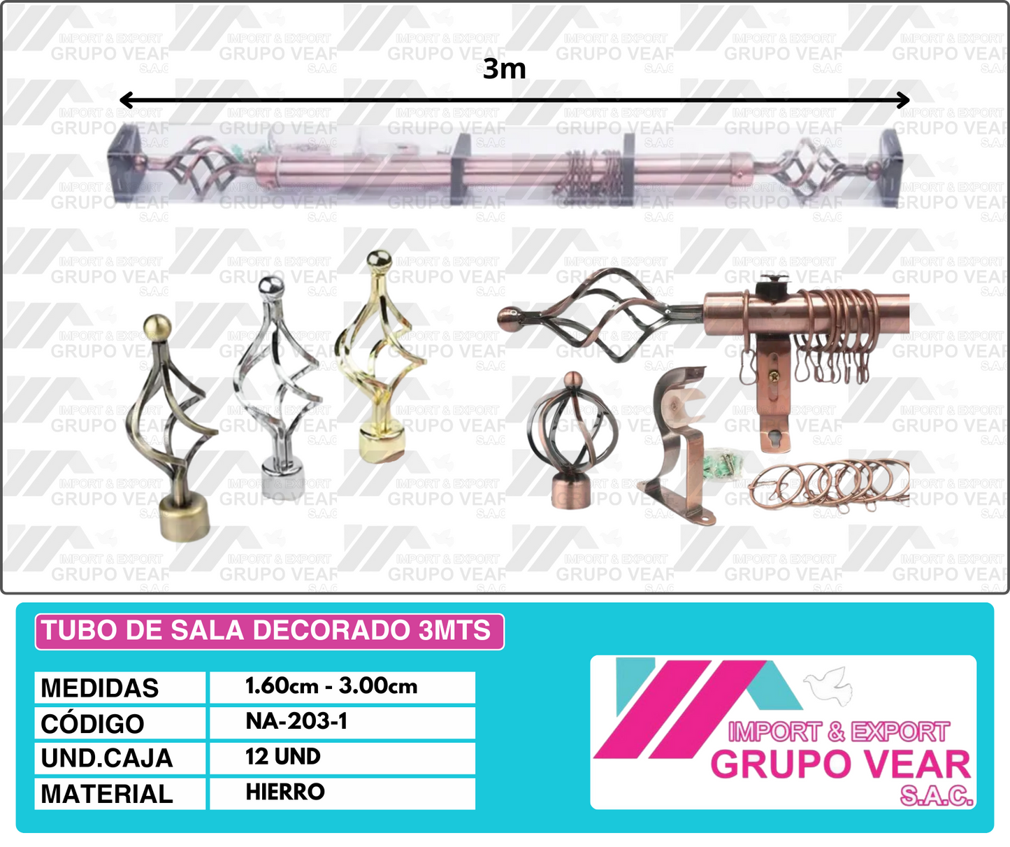 TUBO DE SALA DECORADO 3MTS (12 UNIDADES)