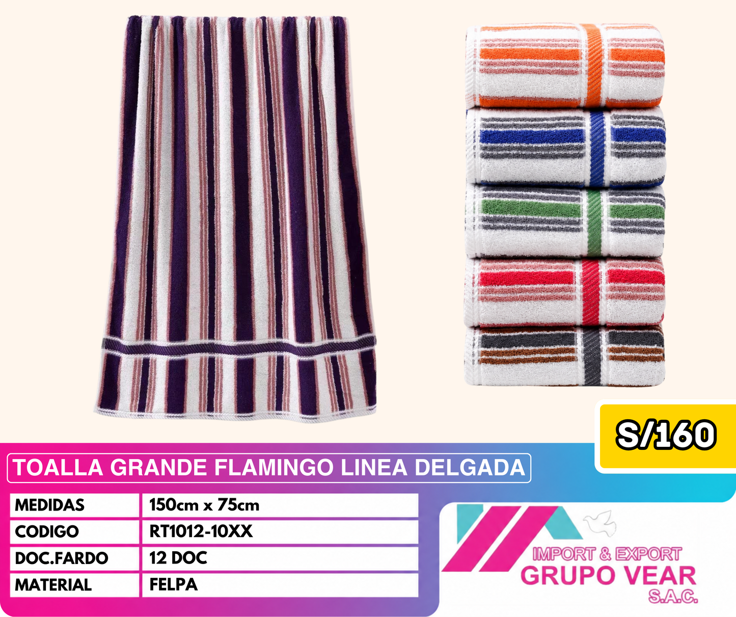TOALLA GRANDE FLAMINGO LINEA DELGADA (12 DOC)