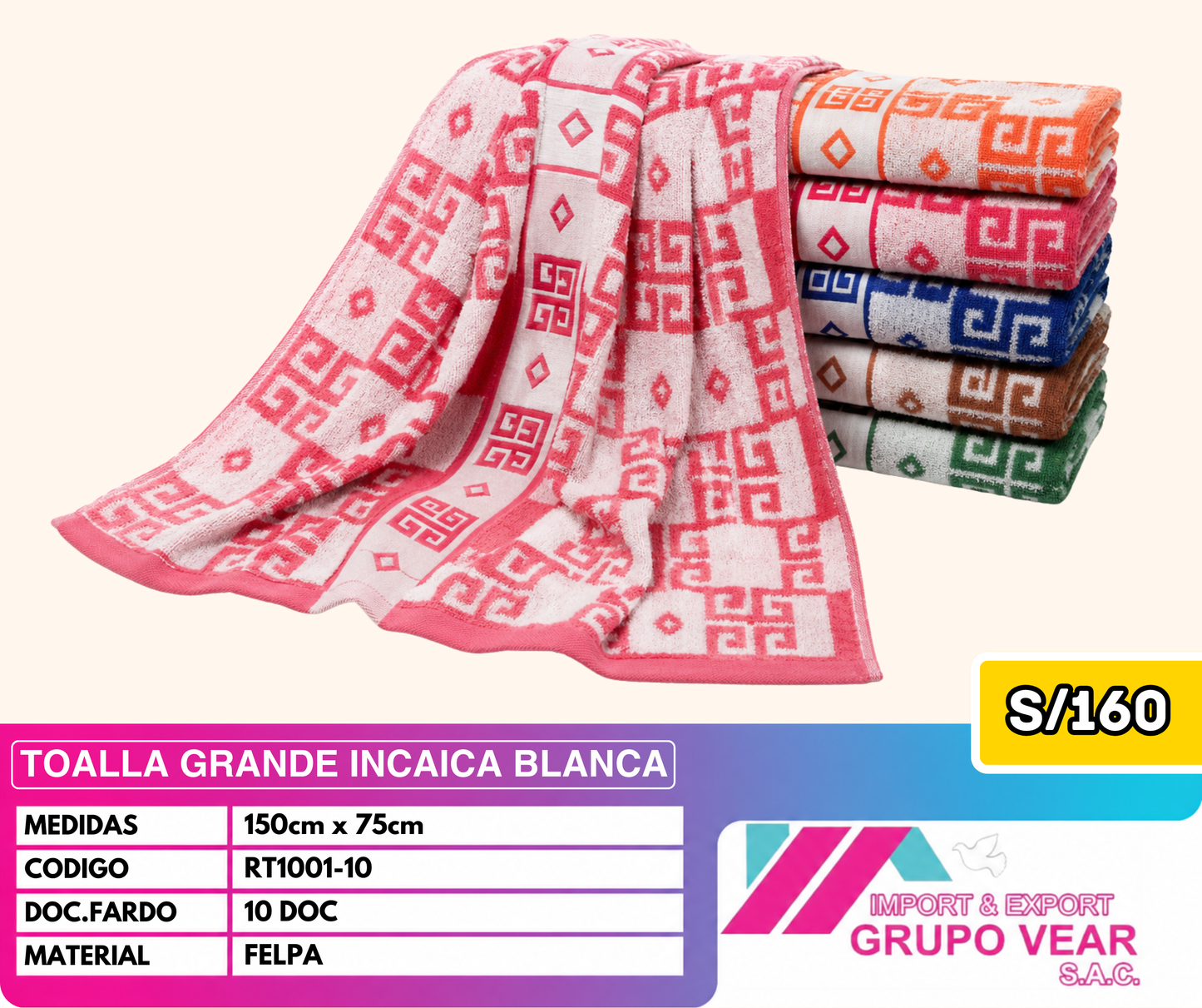 TOALLA GRANDE INCAICA BLANCA (10 DOC)