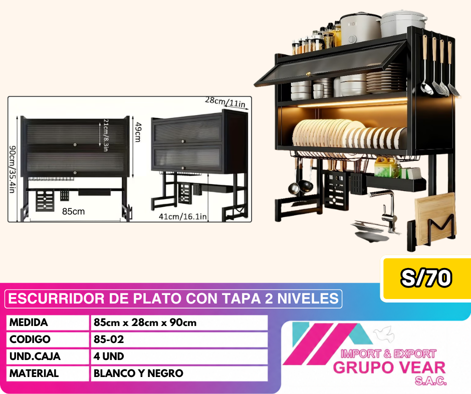 ESCURRIDOR DE PLATO CON TAPA 2 NIVELES (4UND)