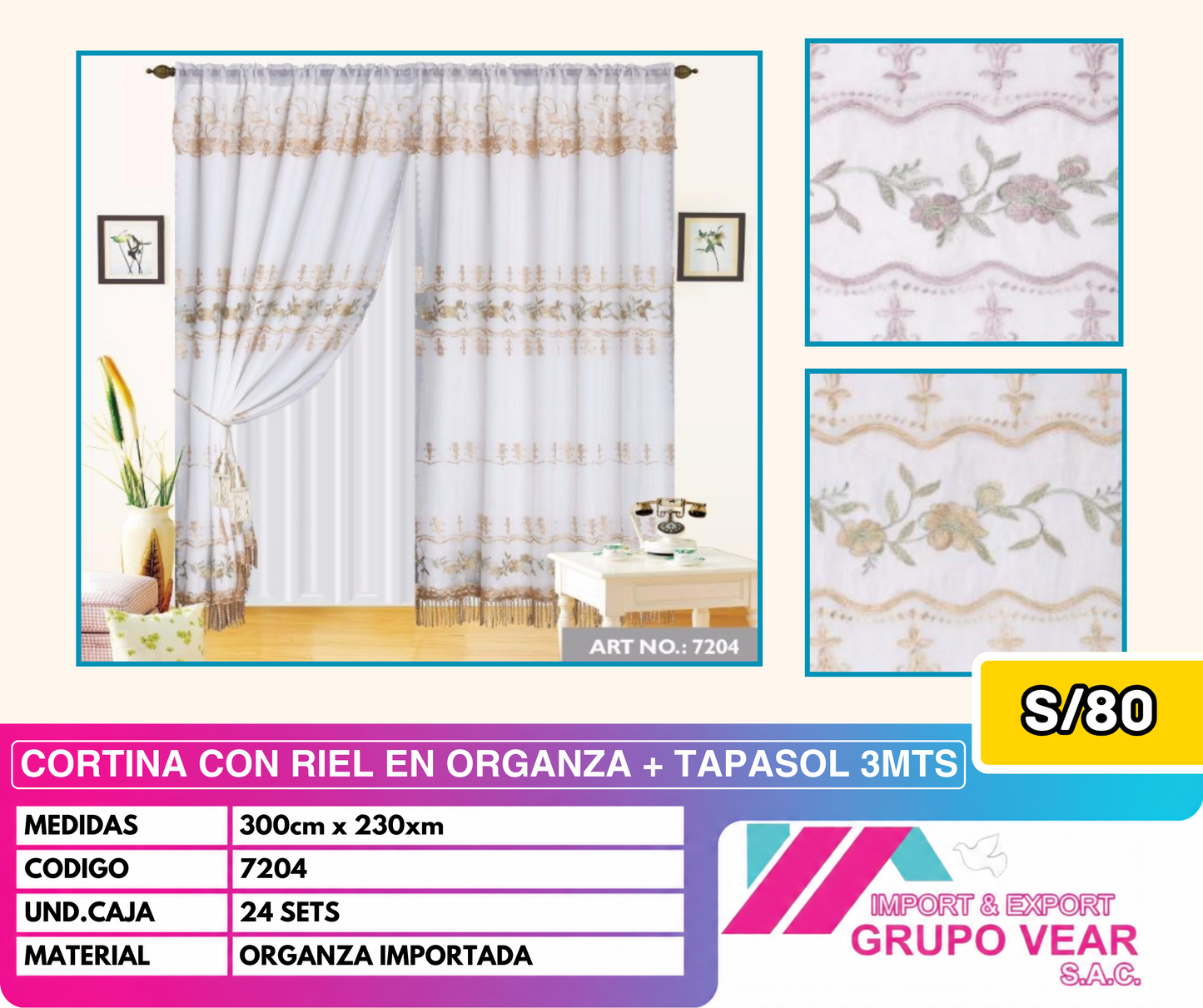 CORTINA CON RIEL EN ORGANZA + TAPASOL 3MTS (24 SETS)