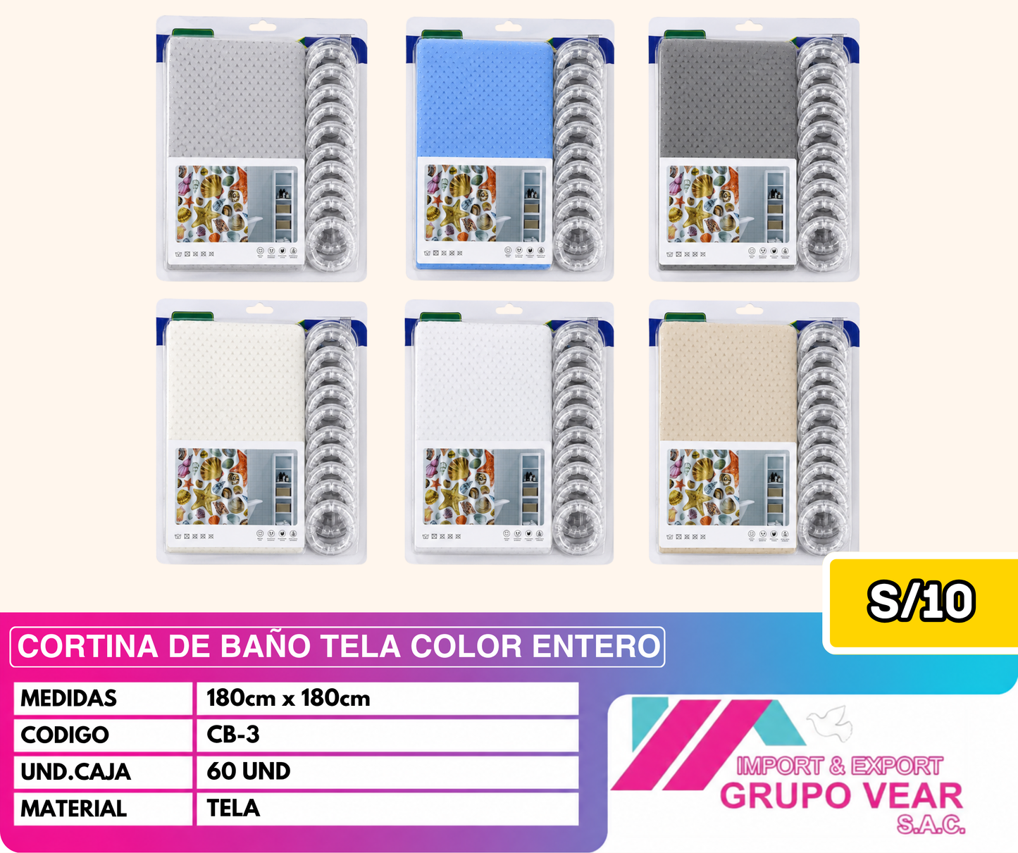 CORTINA DE BAÑO TELA COLOR ENTERO (60 UNIDADES)