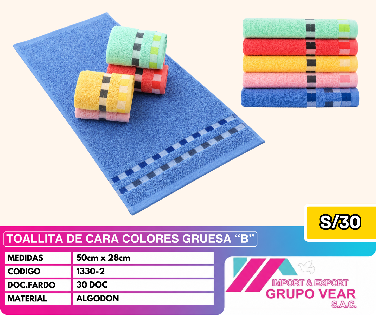 TOALLITA DE CARA COLORES GRUESA "B" (30DOC)