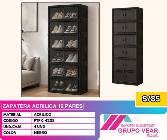 ZAPATERA ACRÍLICA 12 PARES COLOR NEGRO