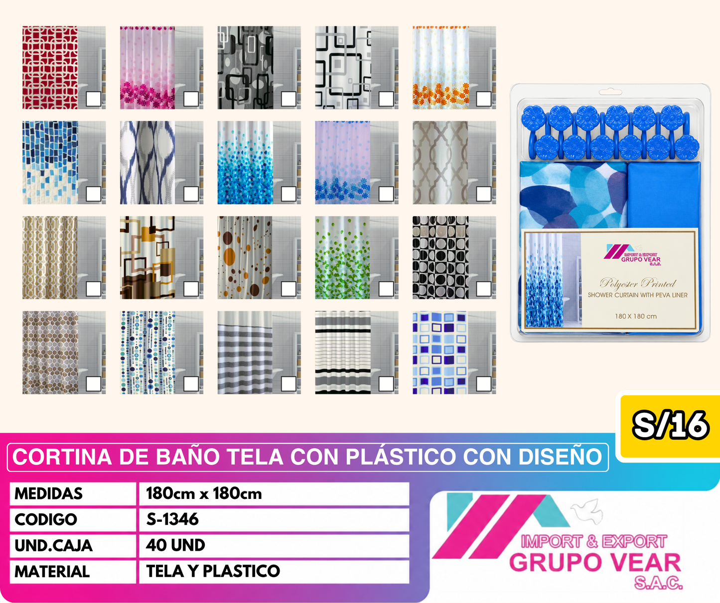 CORTINA DE BAÑO TELA CON PLASTICO CON DISEÑO (40 UNIDADES)