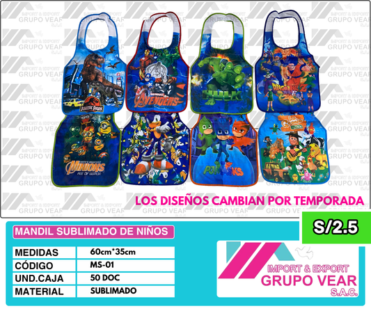 MANDIL SUBLIMADO DE NIÑOS (50 DOC)