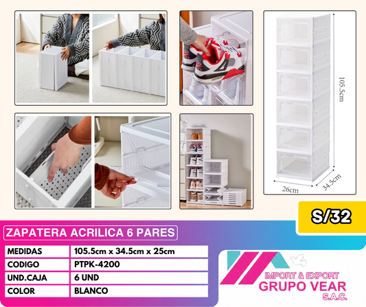 ZAPATERA ACRÍLICA 6 PARES COLOR BLANCO
