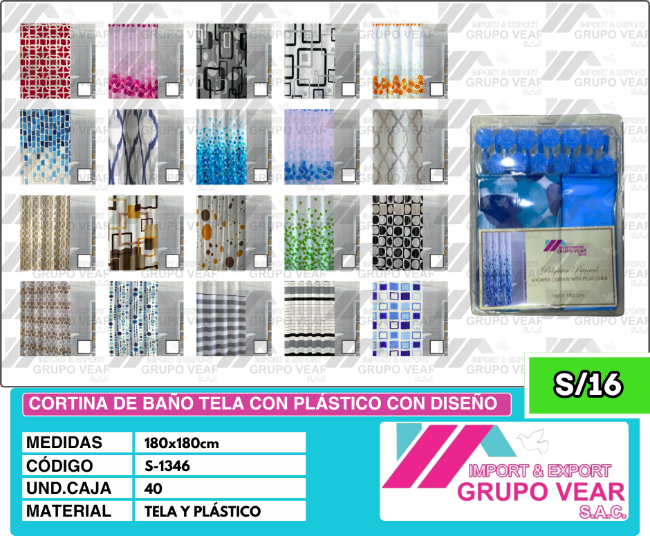 CORTINA DE BAÑO TELA CON PLASTICO CON DISEÑO (40 UNIDADES)