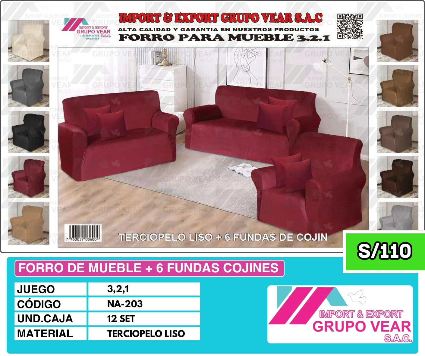 FORRO DE MUEBLE +6 FUNDAS COJINES COLOR ENTERO (12 SETS)