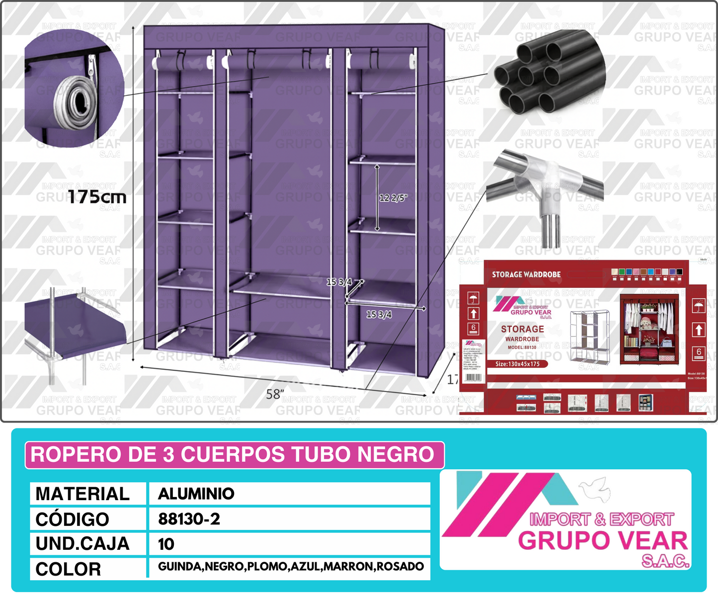 ROPERO DE 3 CUERPOS TUBO NEGRO