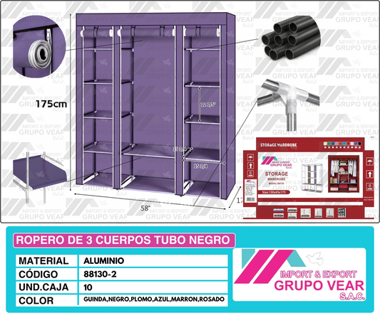 ROPERO DE 3 CUERPOS TUBO NEGRO