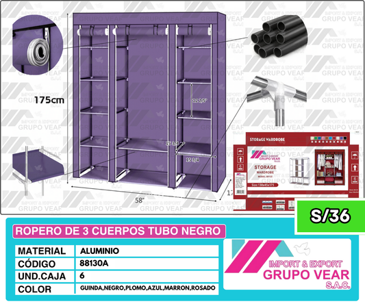 ROPERO DE 3 CUERPOS TUBO NEGRO (10 UND)